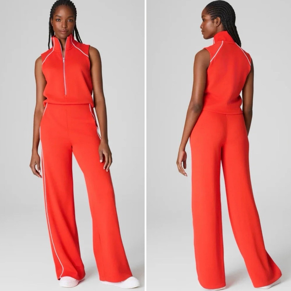 Spanx Airpique Sleeveless Mock Neck Zip Jumpsuit Large Petite Orange Poppy NEW